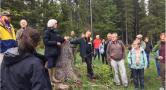 woman explaining ecosystem in woods to group