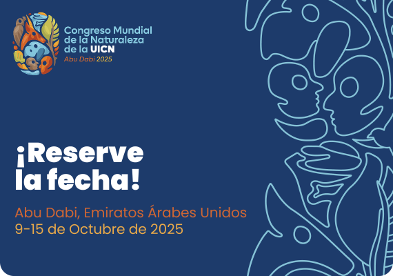 Logotipo del Congreso Mundial de la Naturaleza de la UICN Abu Dhabi 2025 en la esquina superior izquierda. El texto indica que se debe guardar la fecha del 9 al 15 de octubre de 2025.
